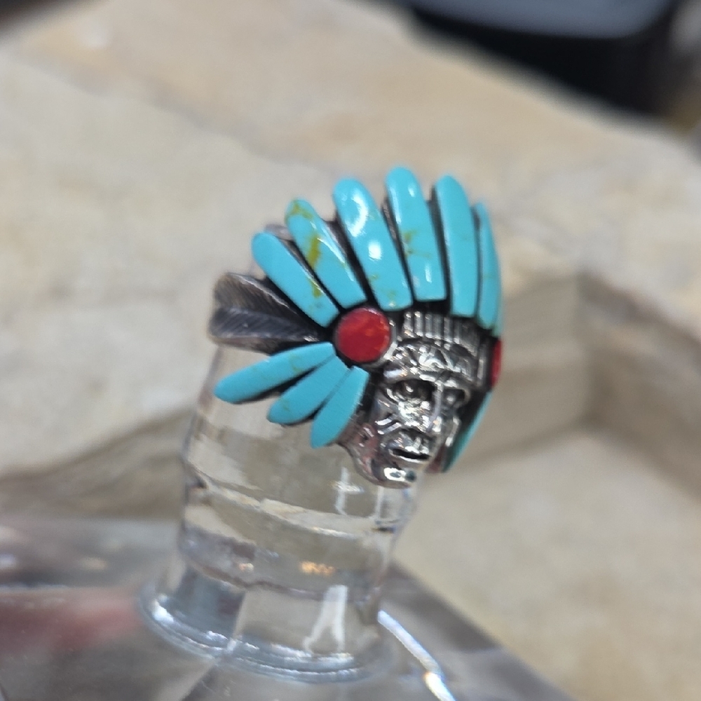 925 Sterljng Silver Turquoise and Coral Native American Chief Ring - Picture 4 of 7